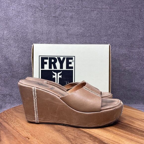 Frye Kalen Wedge Sandals Women's Size 6.5 M Brown Leather Heel Slip On 73510 - Picture 1 of 8